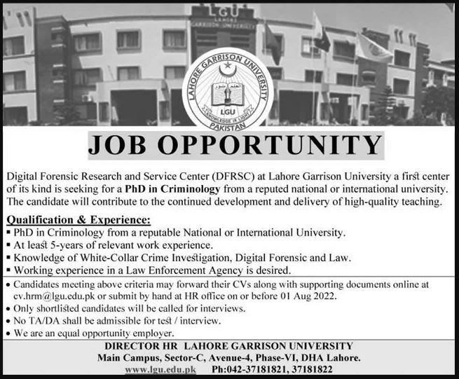 Garrison University Lahore Job Opportunities 2022